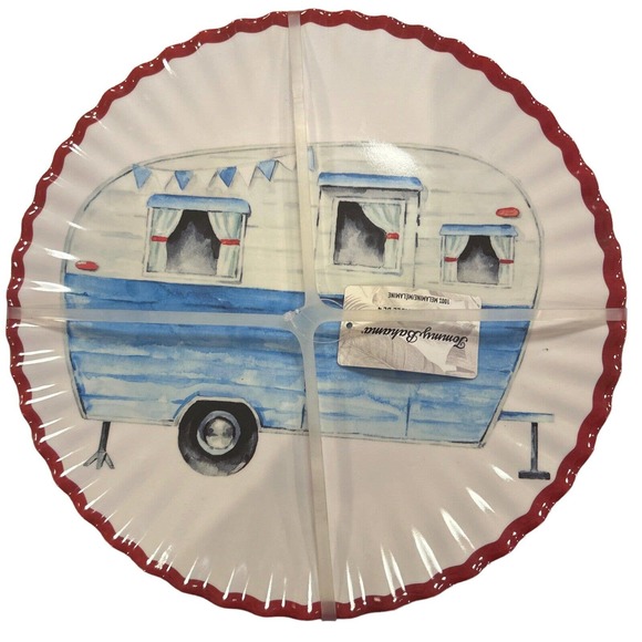 Tommy Bahama Melamine Dinner Plates Set of 4 11" Camper Graphic White Red Trim - Picture 1 of 5